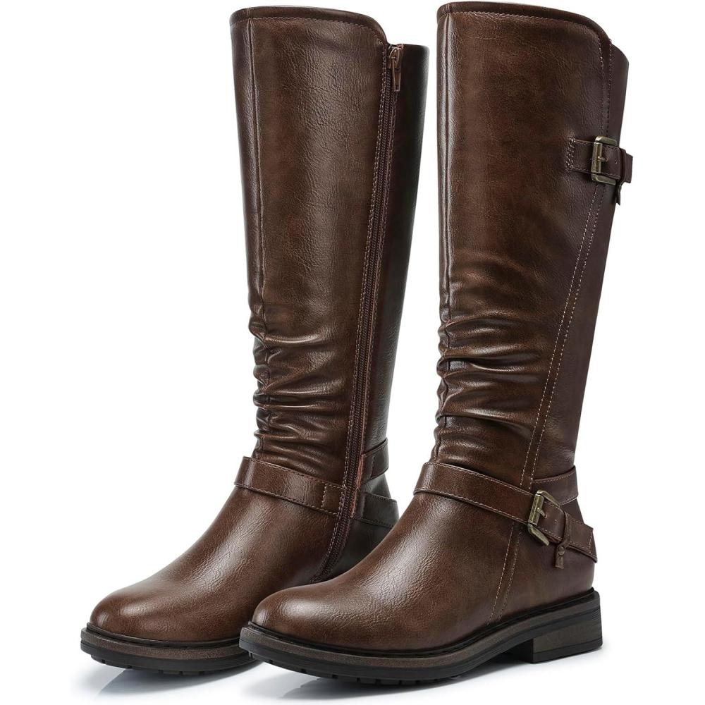 imageSHIBEVER Womens Knee High Boots Comfortable Round Toe Low Heel Tall Booties with Side Zipper Fall Winter Dressy ShoesBrown
