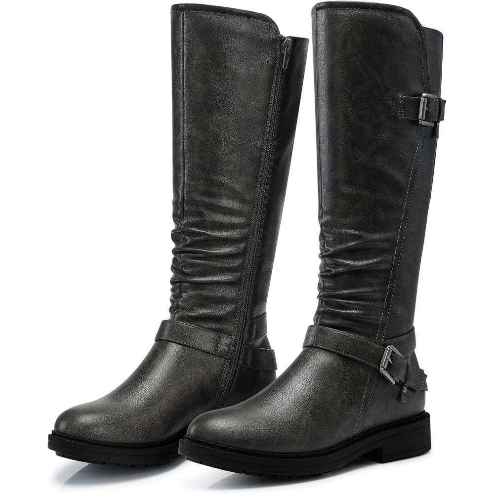 imageSHIBEVER Womens Knee High Boots Comfortable Round Toe Low Heel Tall Booties with Side Zipper Fall Winter Dressy ShoesGrey