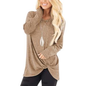 SHIBEVER Long Sleeve Women Tops: Fall Casual Tunic Shirts for Womens Round Neck Twist Knotted Tee Blouses(655 Khaki)