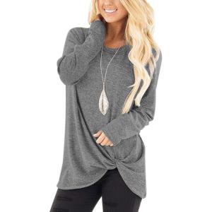 SHIBEVER Long Sleeve Women Tops: Fall Casual Tunic Shirts for Womens Round Neck Twist Knotted Tee Blouses(655 Light Gray)