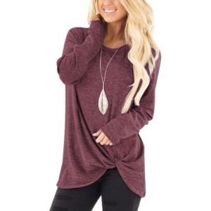 SHIBEVER Long Sleeve Women Tops: Fall Casual Tunic Shirts for Womens Round Neck Twist Knotted Tee Blouses(655 Wine Red)