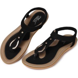SHIBEVER Sandals Women Dressy Flat: Summer Casual Arch Support Thong Flats – Comfortable Walking Beach Sandals – Black Size 7 Elastic Ankle Strap Sandal