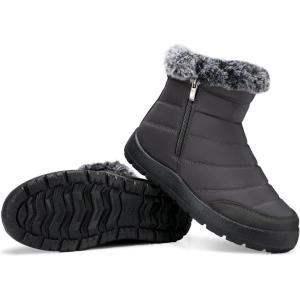 SHIBEVER Women Winter Snow Boots: Black Waterproof Walking Booties Non Slip Fur Lined Warm Outdoor Ankle Short Boot(57 Grey)