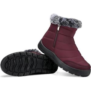 SHIBEVER Women Winter Snow Boots: Black Waterproof Walking Booties Non Slip Fur Lined Warm Outdoor Ankle Short Boot(57 Red)