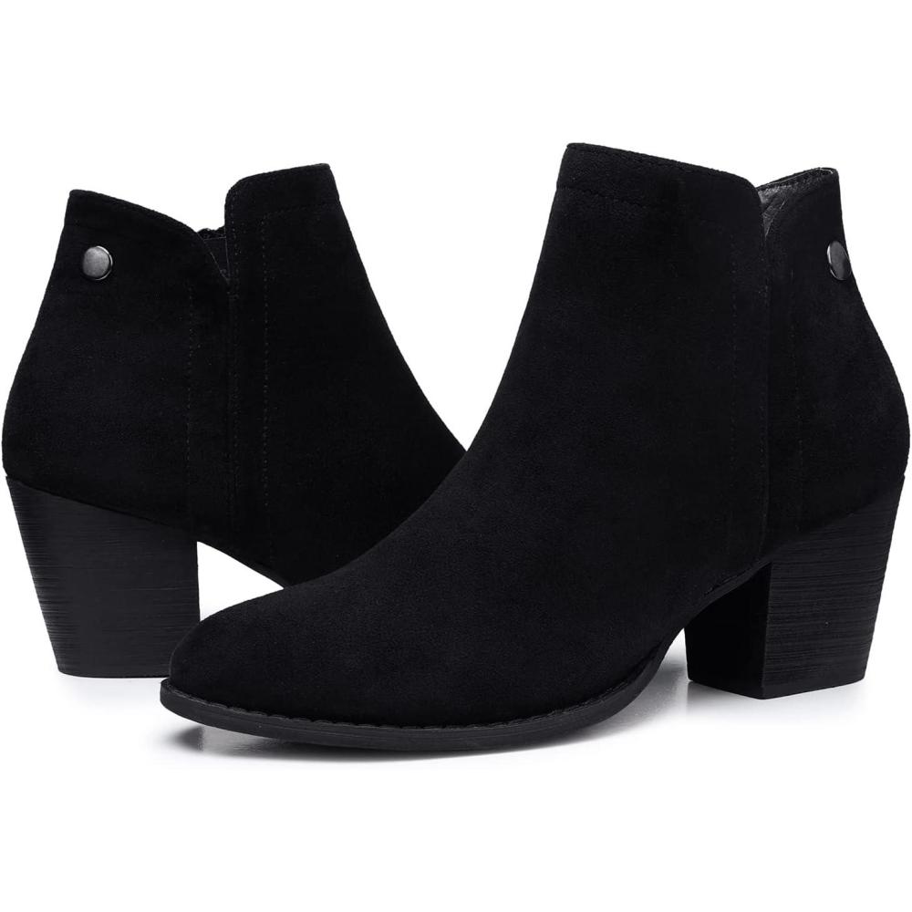 imageSHIBEVER Ankle Boots for Women Heel Pointed Toe Chunky Block Low Heels Winter Fall Side Zipper Short BootiesBlack