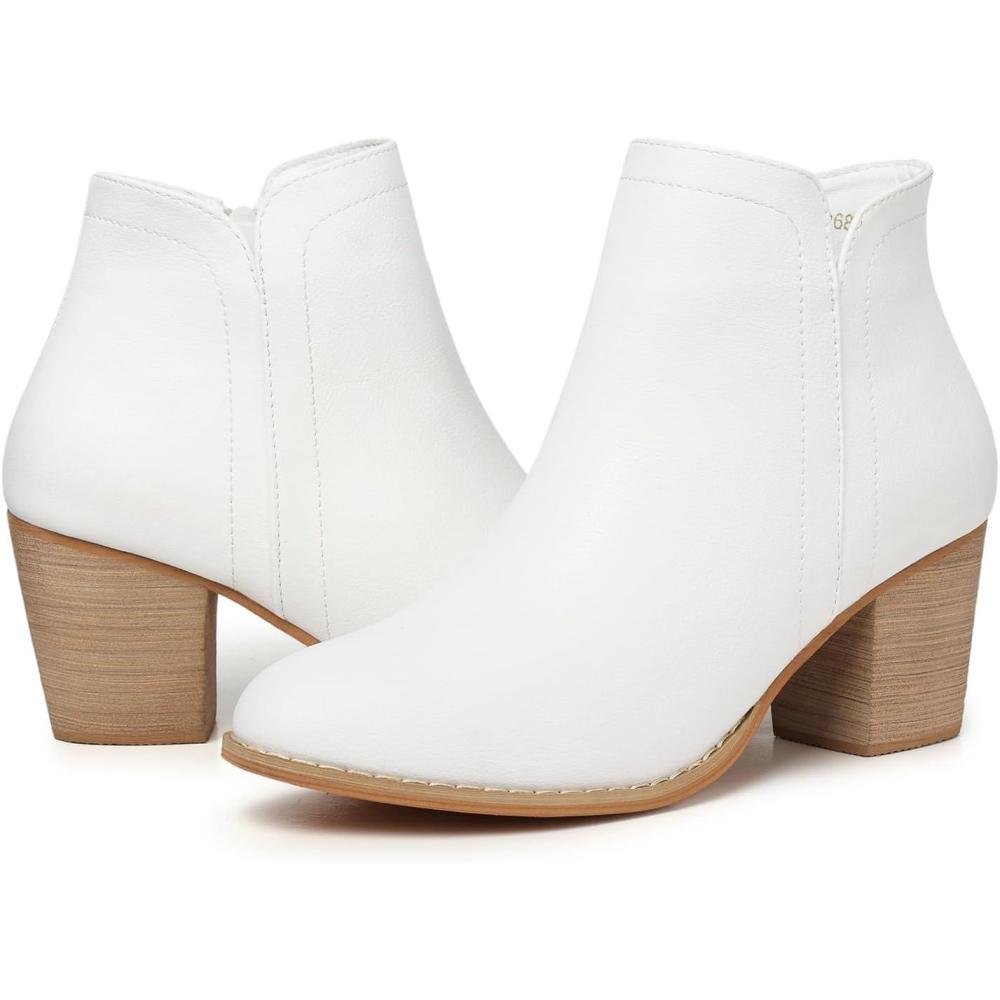 imageSHIBEVER Ankle Boots for Women Heel Pointed Toe Chunky Block Low Heels Winter Fall Side Zipper Short BootiesWhite
