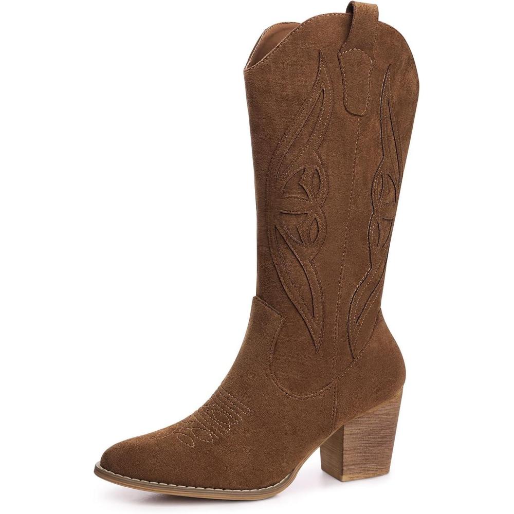 imageSHIBEVER Cowboy Boots for Women 2025 Mid Calf Cowgirl Boots Western Embroidered Country High Heel Pointed Toe Booties1828brown