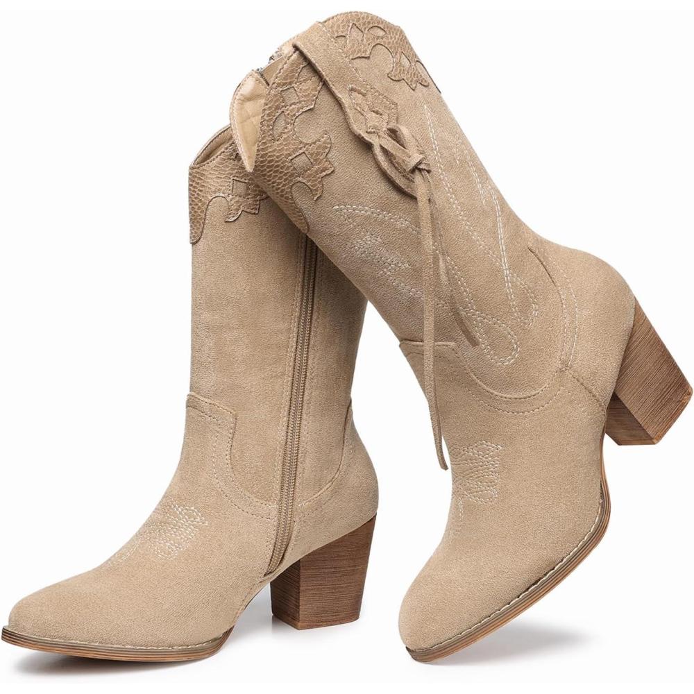 imageSHIBEVER Cowboy Cowgirl Boots for Women Western Country High Heel Boots Suede Zipper Mid Calf Booties1034apricot