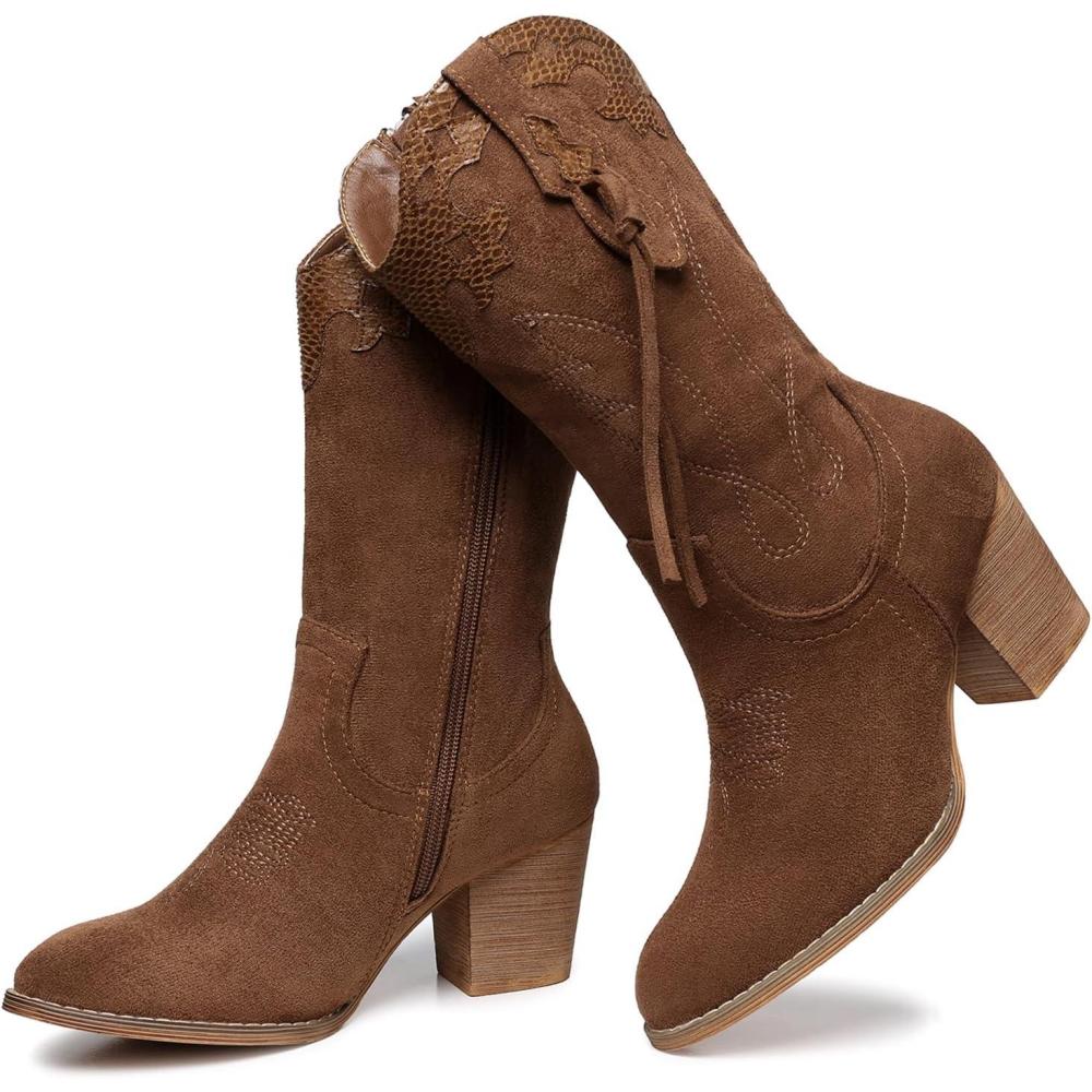 imageSHIBEVER Cowboy Cowgirl Boots for Women Western Country High Heel Boots Suede Zipper Mid Calf Booties1034brown