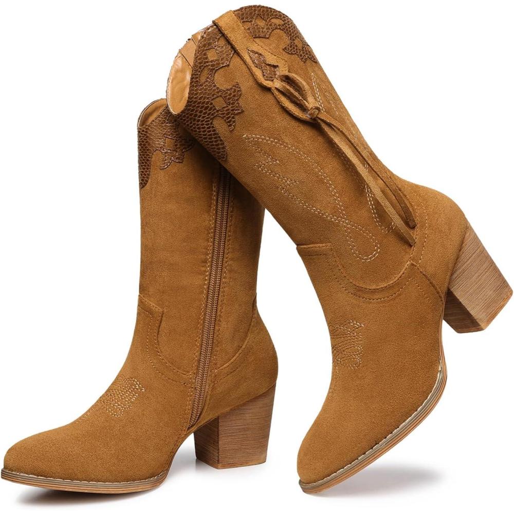 imageSHIBEVER Cowboy Cowgirl Boots for Women Western Country High Heel Boots Suede Zipper Mid Calf Booties1034camel