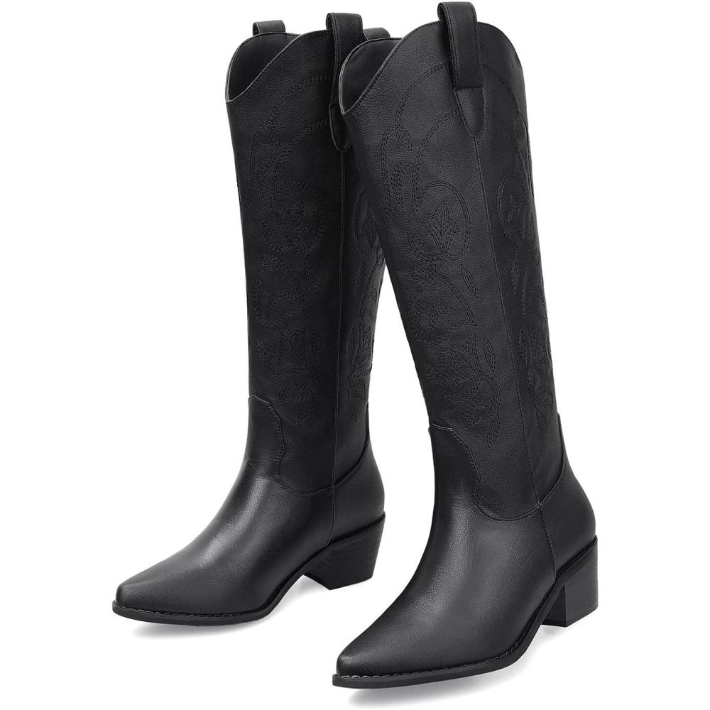 imageSHIBEVER Cowboy Cowgirl Boots for Women Womens KneeHigh Boots Wide Calf Tall Chunky Heel Embroidered Western Botas Black 9
