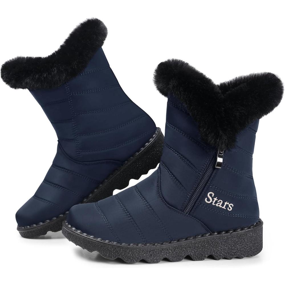 imageSHIBEVER Waterproof Winter Boots for Women Snow Mid Calf Fur Lined Warm Women Boot Outdoor Resistant Booties26 Blue