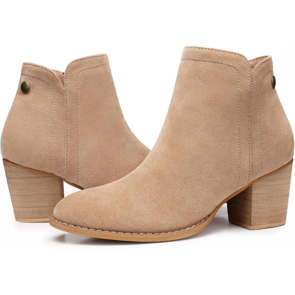 imageSHIBEVER Womens Ankle Boots Heel Chunky Low Heeled Almond Toe Short Booties with Zipper Faux Suede Dress Western Fall 2025 ShoesApricot Suede