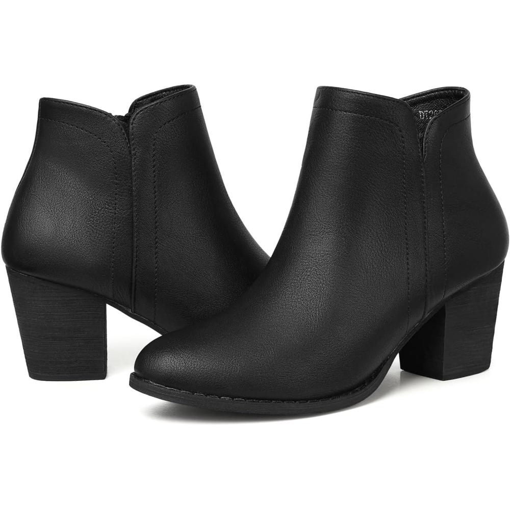 imageSHIBEVER Womens Ankle Boots Heel Chunky Low Heeled Almond Toe Short Booties with Zipper Faux Suede Dress Western Fall 2025 ShoesBlack Pu