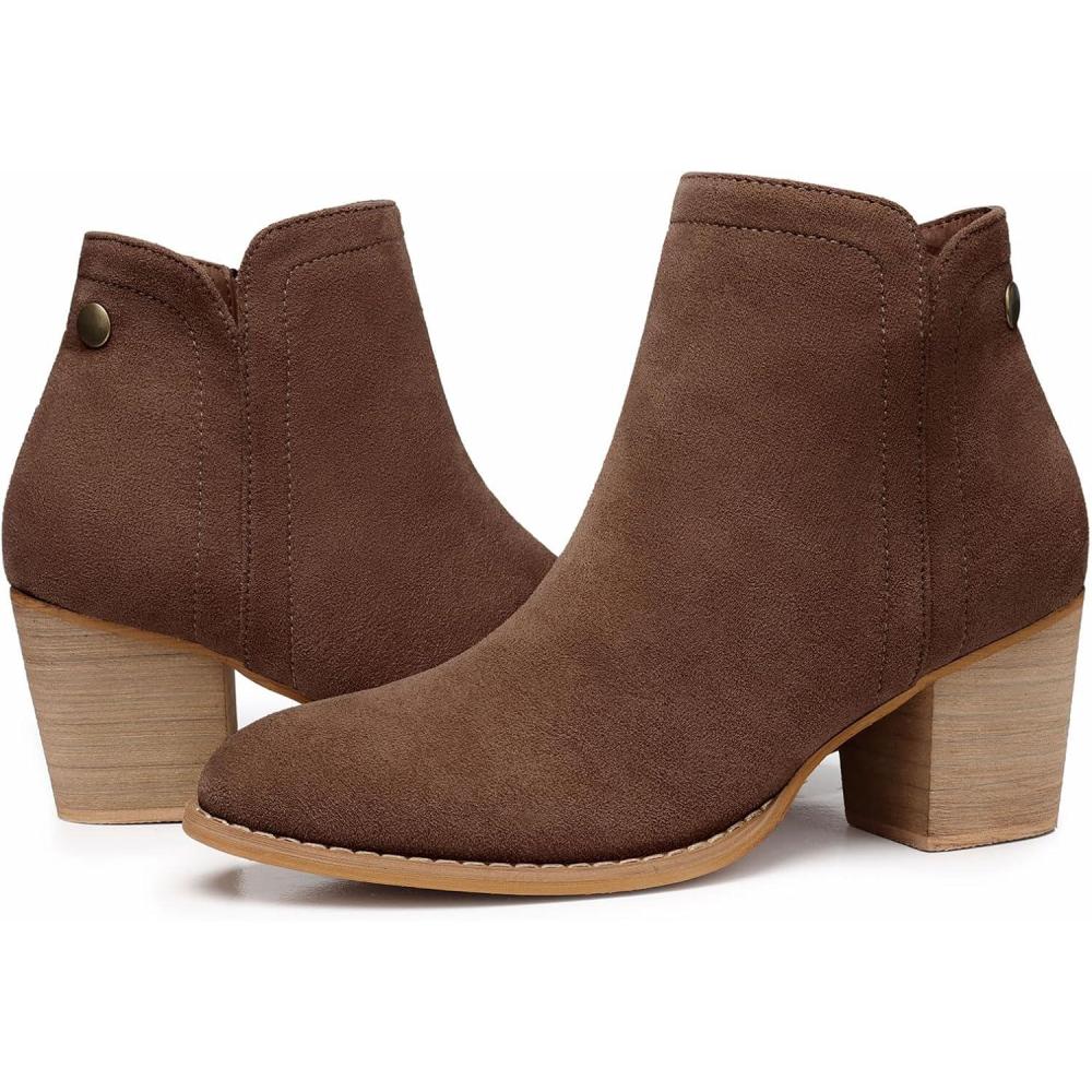 imageSHIBEVER Womens Ankle Boots Heel Chunky Low Heeled Almond Toe Short Booties with Zipper Faux Suede Dress Western Fall 2025 ShoesBrown