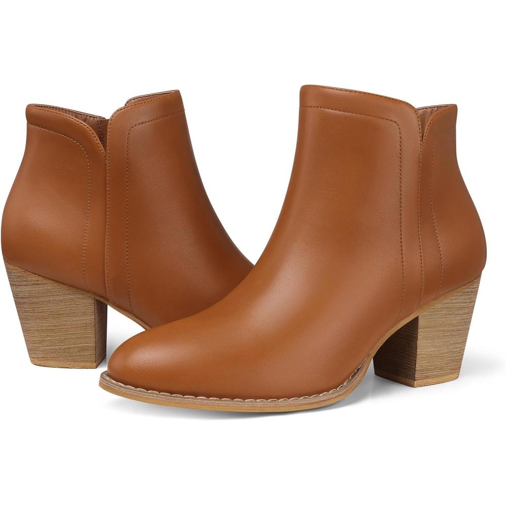 imageSHIBEVER Womens Ankle Boots Heel Chunky Low Heeled Almond Toe Short Booties with Zipper Faux Suede Dress Western Fall 2025 ShoesBrown Pu