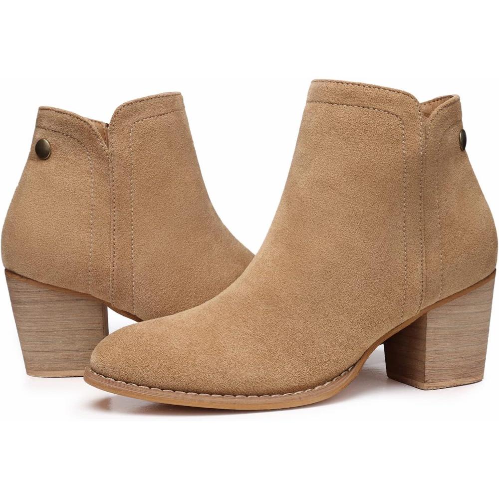 imageSHIBEVER Womens Ankle Boots Heel Chunky Low Heeled Almond Toe Short Booties with Zipper Faux Suede Dress Western Fall 2025 ShoesTan Suede
