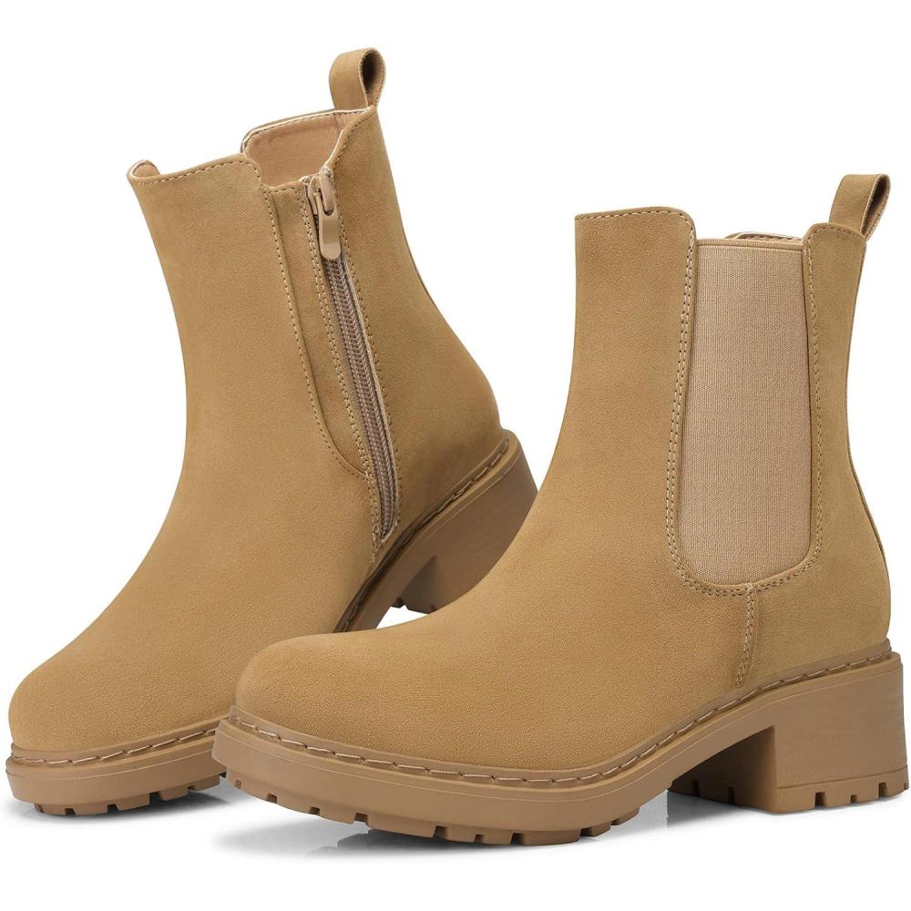 imageSHIBEVER Womens Chelsea Boots Slip on Chunky Heel Platform Ankle Booties with Lug Sole for Fall Fashion 2025Brown