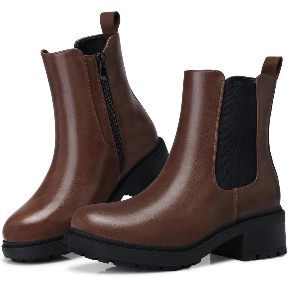 imageSHIBEVER Womens Chelsea Boots Slip on Chunky Heel Platform Ankle Booties with Lug Sole for Fall Fashion 2025Dark Brown