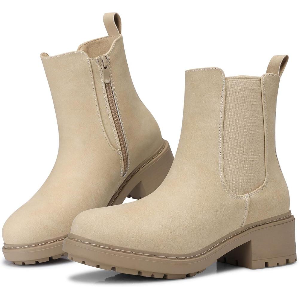 imageSHIBEVER Womens Chelsea Boots Slip on Chunky Heel Platform Ankle Booties with Lug Sole for Fall Fashion 2025Nude