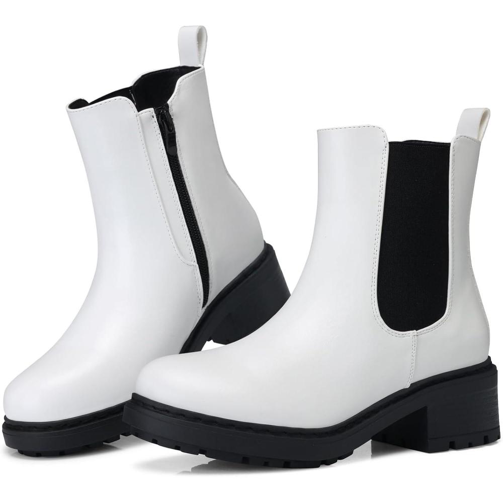 imageSHIBEVER Womens Chelsea Boots Slip on Chunky Heel Platform Ankle Booties with Lug Sole for Fall Fashion 2025White