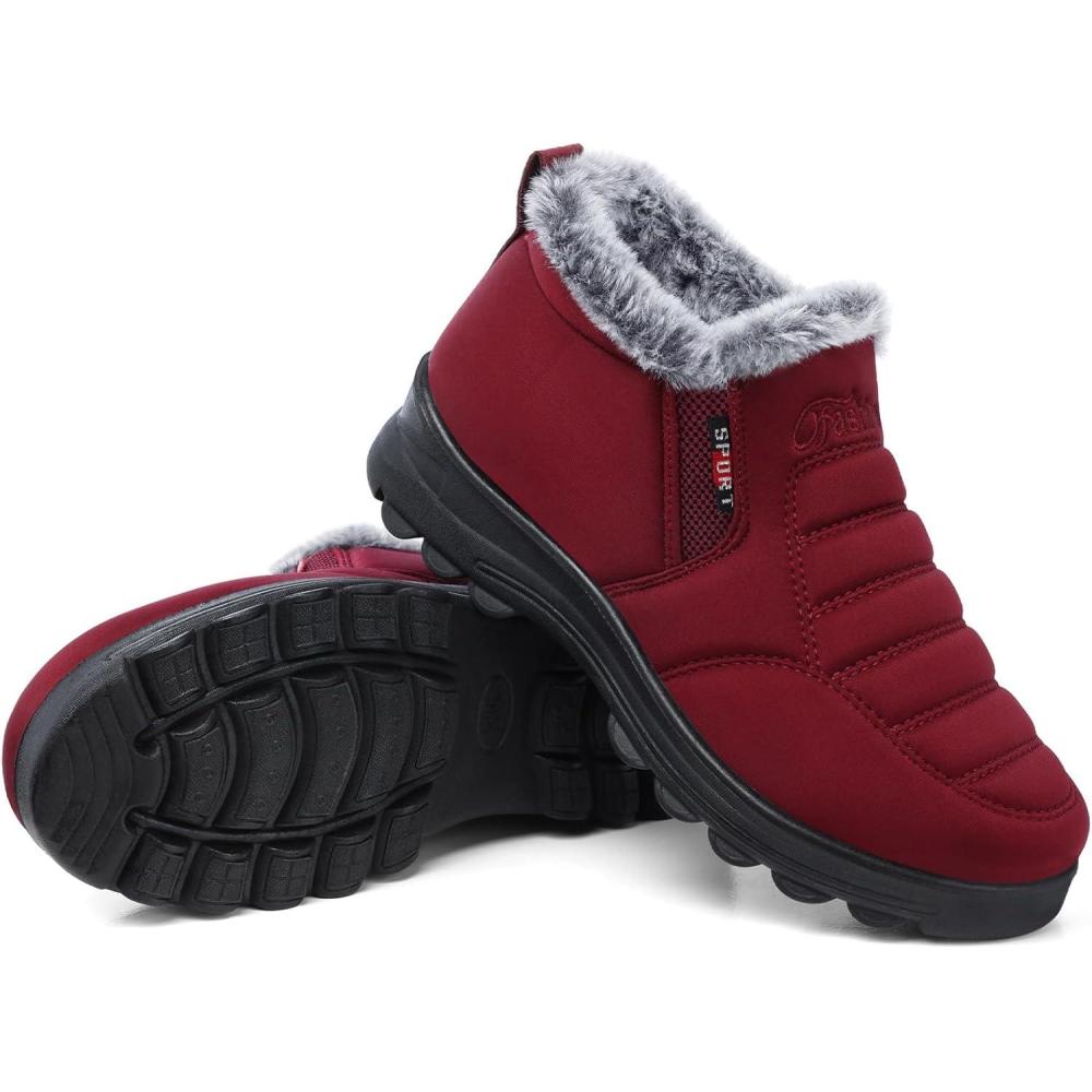 imageSHIBEVER Womens Snow Boots Ankle Booties Waterproof Winter Boots Synthetic Leather Side Zip Fashion BootsRed