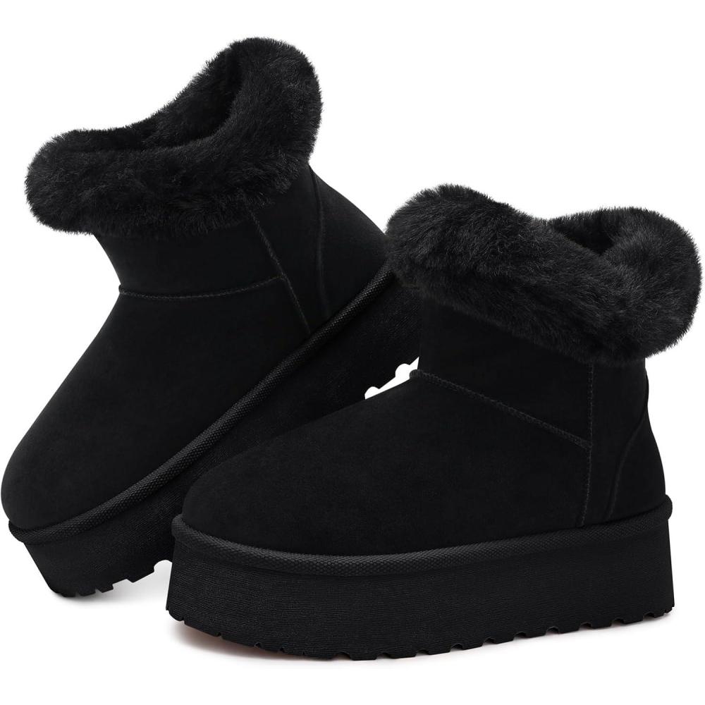 imageSHIBEVER Womens Snow Boots Winter Suede Fur Lined Waterproof AntiSlip Furry Platform Women Ankle Snow BootsBlack