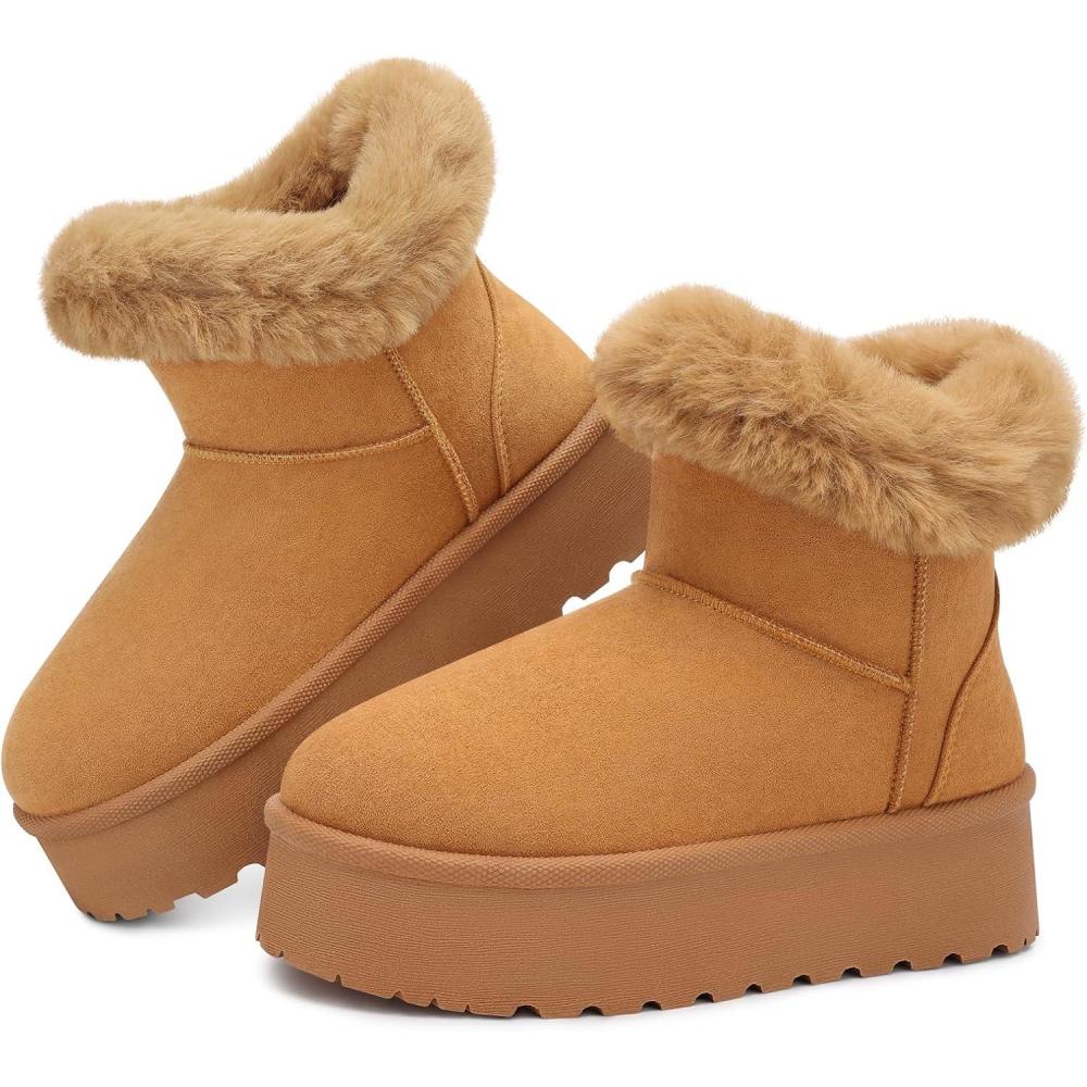 imageSHIBEVER Womens Snow Boots Winter Suede Fur Lined Waterproof AntiSlip Furry Platform Women Ankle Snow BootsChestnut