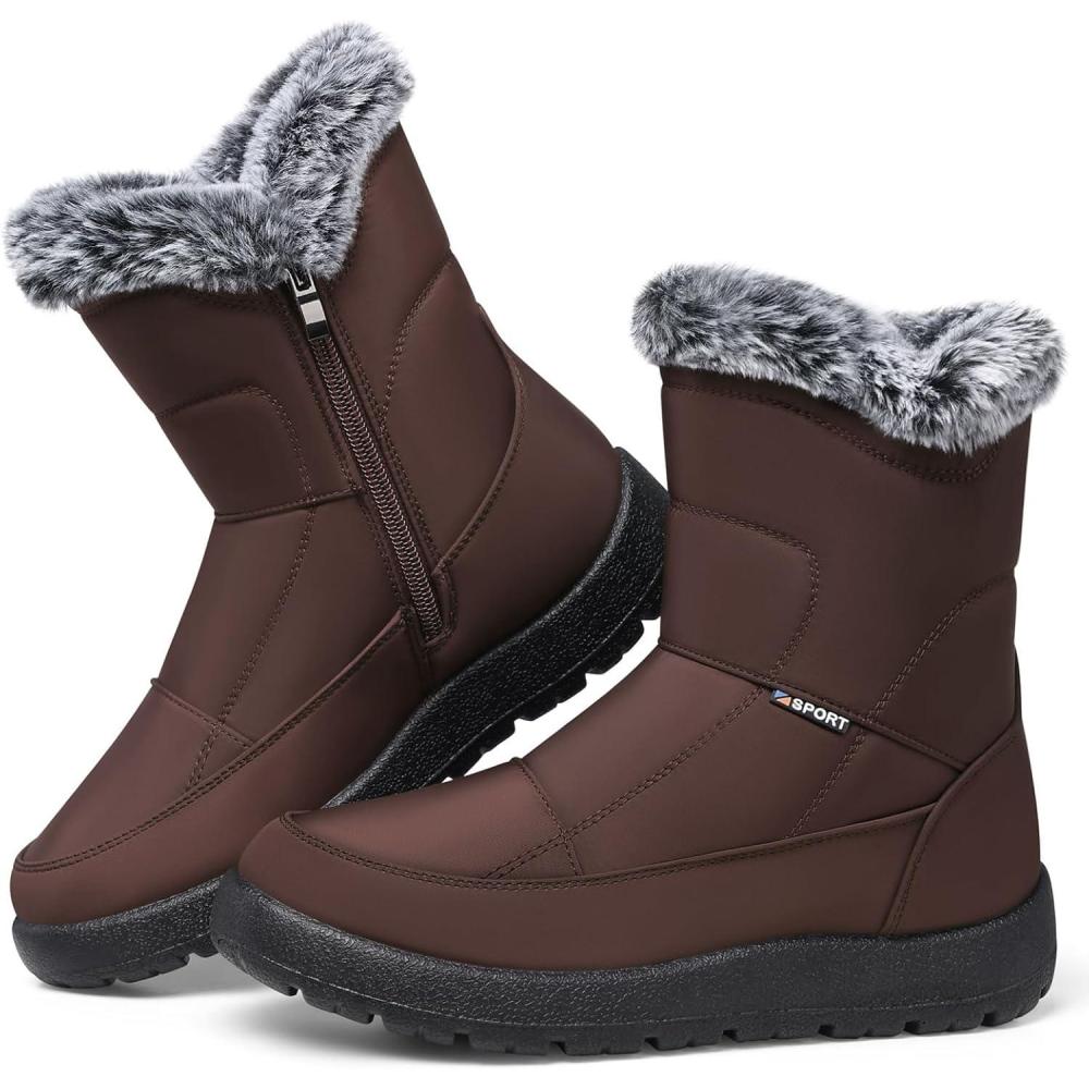 imageSHIBEVER Womens Snow Boots Winter Waterproof Fur Lined AntiSlip Ankle Booties Outdoor Comfortable Warm Women Snow BootBrown