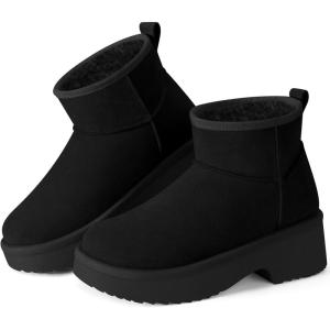SHIBEVER Black Winter Ankle Boots Women Platform Suede Snow Booties Warm Fur Anti-Slip Waterproof Comfortable Outdoor Shoes Size 12