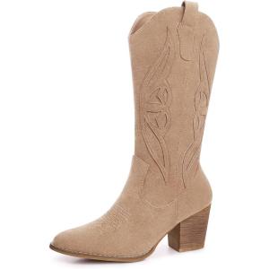 SHIBEVER Cowboy Boots for Women 2025: Mid Calf Cowgirl Boots Western Embroidered Country High Heel Pointed Toe Booties(1828-apricot)