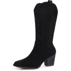 SHIBEVER Cowboy Boots for Women 2025: Mid Calf Cowgirl Boots Western Embroidered Country High Heel Pointed Toe Booties(1828-black)
