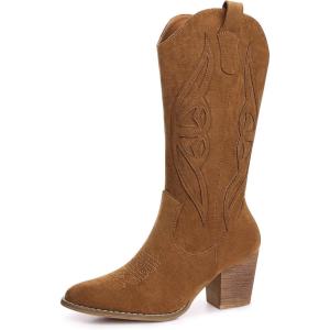 SHIBEVER Cowboy Boots for Women 2025: Mid Calf Cowgirl Boots Western Embroidered Country High Heel Pointed Toe Booties(1828-camel)