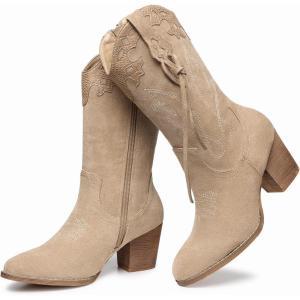 SHIBEVER Cowboy Cowgirl Boots for Women: Western Country High Heel Boots Suede Zipper Mid Calf Booties(1034-apricot)