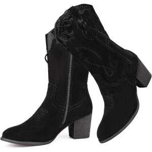 SHIBEVER Cowboy Cowgirl Boots for Women: Western Country High Heel Boots Suede Zipper Mid Calf Booties(1034-black)
