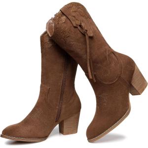 SHIBEVER Cowboy Cowgirl Boots for Women: Western Country High Heel Boots Suede Zipper Mid Calf Booties(1034-brown)