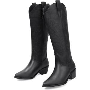 SHIBEVER Cowboy Cowgirl Boots for Women: Women’s Knee-High Boots Wide Calf Tall Chunky Heel Embroidered Western Botas Black 9