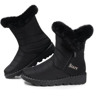 SHIBEVER Waterproof Winter Boots for Women: Snow Mid Calf Fur Lined Warm Women Boot Outdoor Resistant Booties(26 Black)