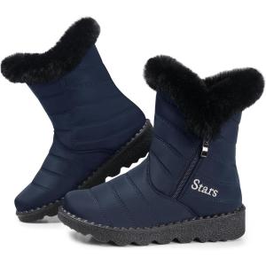 SHIBEVER Waterproof Winter Boots for Women: Snow Mid Calf Fur Lined Warm Women Boot Outdoor Resistant Booties(26 Blue)