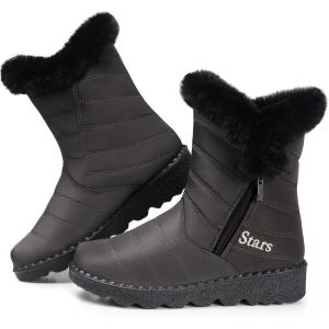 SHIBEVER Waterproof Winter Boots for Women: Snow Mid Calf Fur Lined Warm Women Boot Outdoor Resistant Booties(26 Gray)