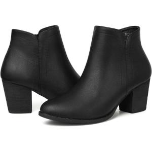 SHIBEVER Women’s Ankle Boots Heel: Chunky Low Heeled Almond Toe Short Booties with Zipper Faux Suede Dress Western Fall 2025 Shoes(Black Pu)
