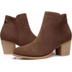 SHIBEVER Women’s Ankle Boots Heel: Chunky Low Heeled Almond Toe Short Booties with Zipper Faux Suede Dress Western Fall 2025 Shoes(Brown)