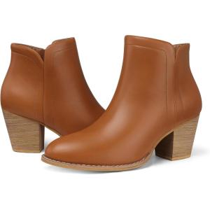 SHIBEVER Women’s Ankle Boots Heel: Chunky Low Heeled Almond Toe Short Booties with Zipper Faux Suede Dress Western Fall 2025 Shoes(Brown Pu)