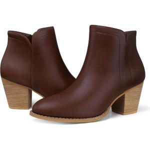 SHIBEVER Women’s Ankle Boots Heel: Chunky Low Heeled Almond Toe Short Booties with Zipper Faux Suede Dress Western Fall 2025 Shoes(Dark Brown Pu)