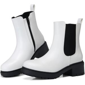 SHIBEVER Women’s Chelsea Boots Slip on Chunky Heel Platform Ankle Booties with Lug Sole for Fall Fashion 2025(White)