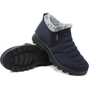 SHIBEVER Womens Snow Boots Ankle Booties Waterproof Winter Boots Synthetic Leather Side Zip Fashion Boots(Navy Blue)