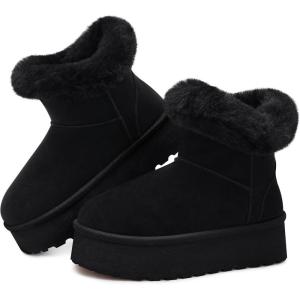 SHIBEVER Women’s Snow Boots Winter: Suede Fur Lined Waterproof Anti-Slip Furry Platform Women Ankle Snow Boots(Black)
