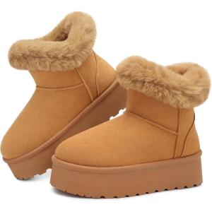 SHIBEVER Women’s Snow Boots Winter: Suede Fur Lined Waterproof Anti-Slip Furry Platform Women Ankle Snow Boots(Chestnut)