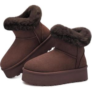 SHIBEVER Women’s Snow Boots Winter: Suede Fur Lined Waterproof Anti-Slip Furry Platform Women Ankle Snow Boots(Tan)