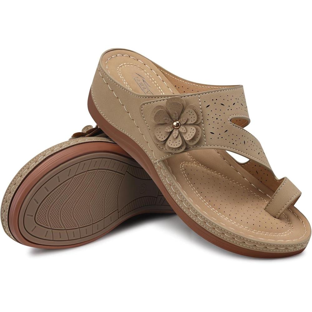 imageSHIBEVER Wedge Sandals for Women Dressy Comfortable Sandals for Women  Summer Casual Walking Slip On Split Toe Wedges55nude